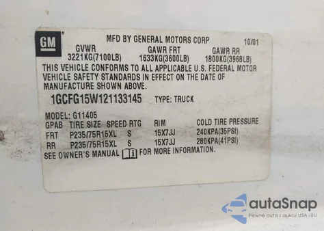 2002 Chevrolet Express из США, поврежденный, VIN 1GCFG15W121133145